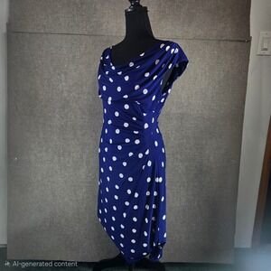 Lauren Ralph Lauren Womens 12 Blue Polka Dot Cowl Neck Ruched Sheath Dress